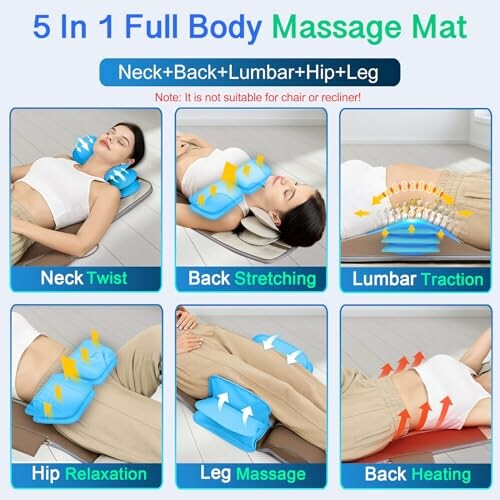 5 in 1 full body massage mat features: neck twist, back stretching, lumbar traction, hip relaxation, leg massage, back heating.