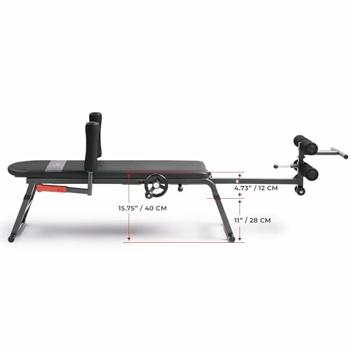 Adjustable workout bench with dimensions labeled.