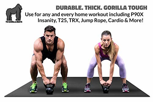 Two people exercising on Gorilla Mats with kettlebells, promoting home workouts.