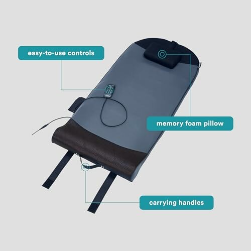 Heated massage mat with controls, memory foam pillow, and carrying handles.