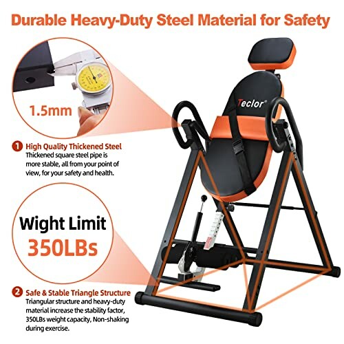 Heavy-duty inversion chair with 350 lbs weight limit, durable steel.