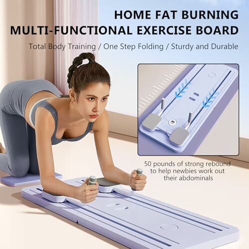 Woman using a multi-functional exercise board for home fat burning and total body training.