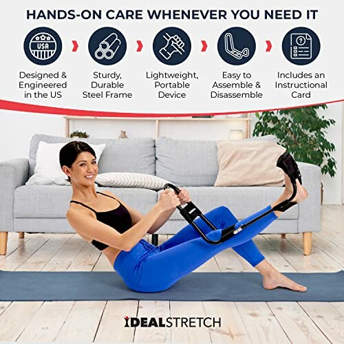 Woman using IdealStretch device for back and leg exercises on a yoga mat