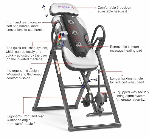 Inversion chair with adjustable headrest, ergonomic design, and safety features.