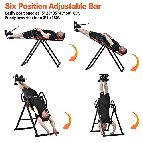 Man demonstrating exercises on an inversion table in various positions.