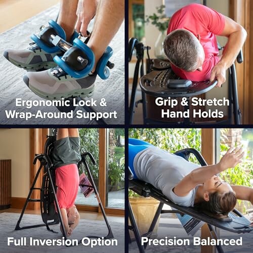 Four images showing an inversion table with ergonomic lock, hand holds, full inversion, and precision balance.