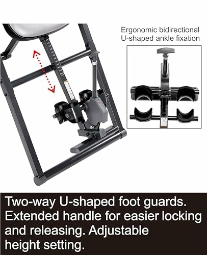 Inversion table with U-shaped foot guards and adjustable handle.