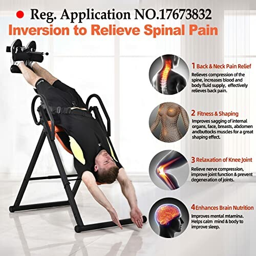 Man using inversion table for spinal pain relief with benefits listed.