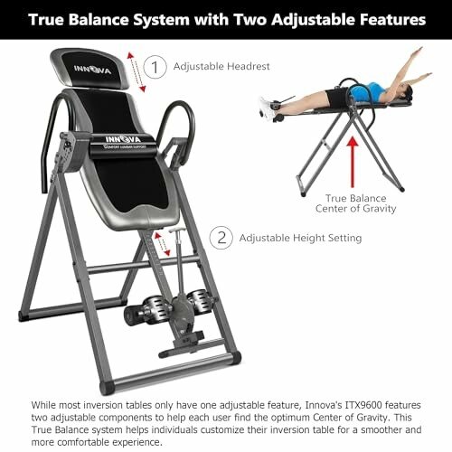 Inversion table with adjustable headrest and height settings.