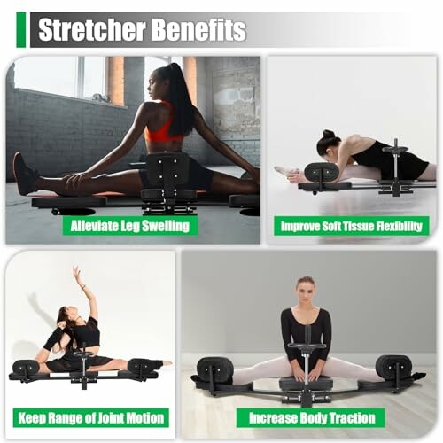 Four images showing benefits of a leg stretcher: alleviating leg swelling, improving soft tissue flexibility, keeping range of joint motion, and increasing body traction.