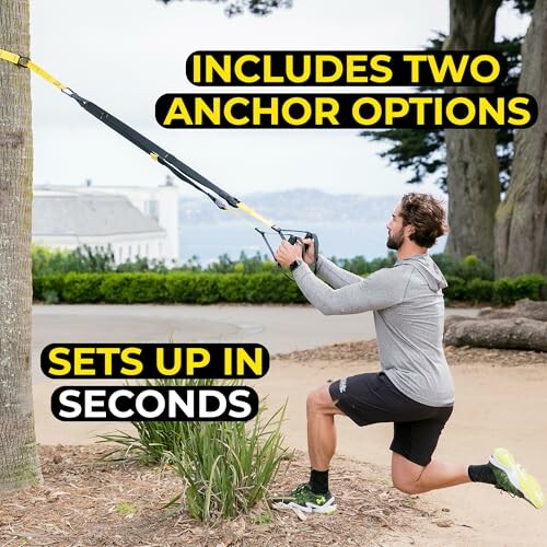 Man using TRX system outdoors with two anchor options.