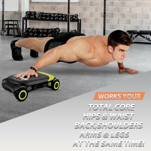 Man doing push-up on fitness board in gym