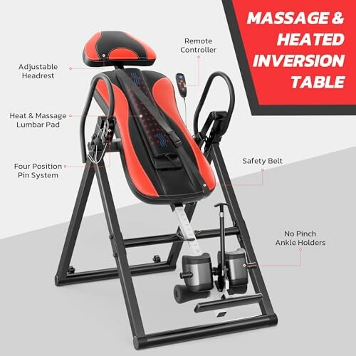 Massage and heated inversion table with adjustable headrest, remote controller, heat and massage lumbar pad, four position pin system, safety belt, and no pinch ankle holders.