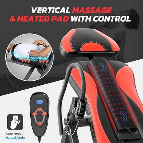 Vertical massage chair with heated pad and control.