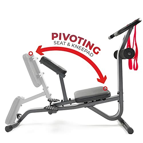 Rowing machine with pivoting seat and kneepad