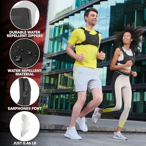 Two people jogging wearing lightweight running vests with zippers and earphones port.