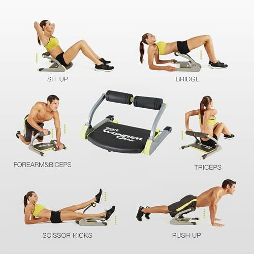 Various exercises using Wonder Core equipment including sit up, bridge, forearm and biceps, triceps, scissor kicks, and push up.